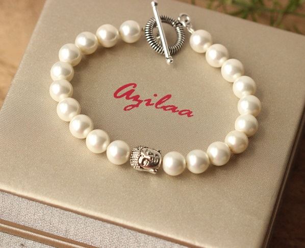 Buddha pearl silver beaded bracelet