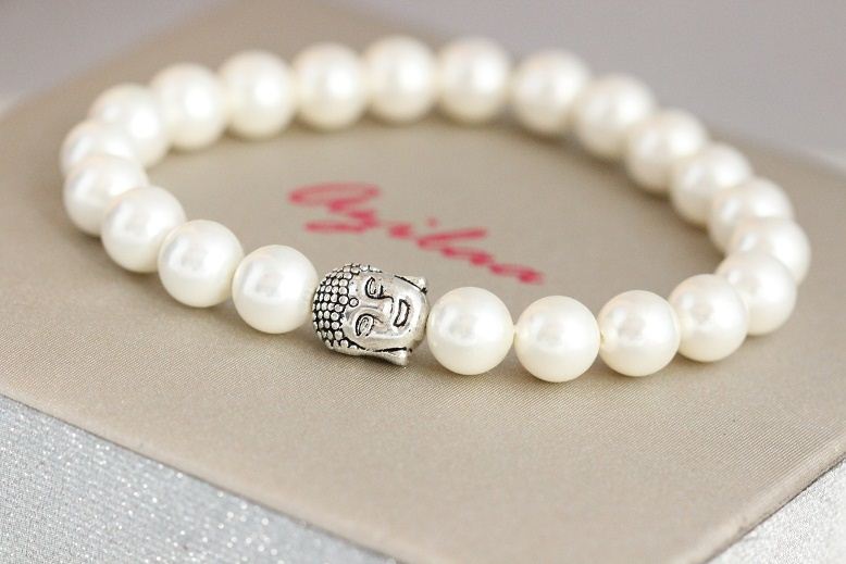 Buddha pearl silver beaded bracelet