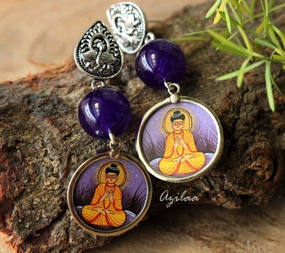 Buddha purple agate gemstone silver post earrings