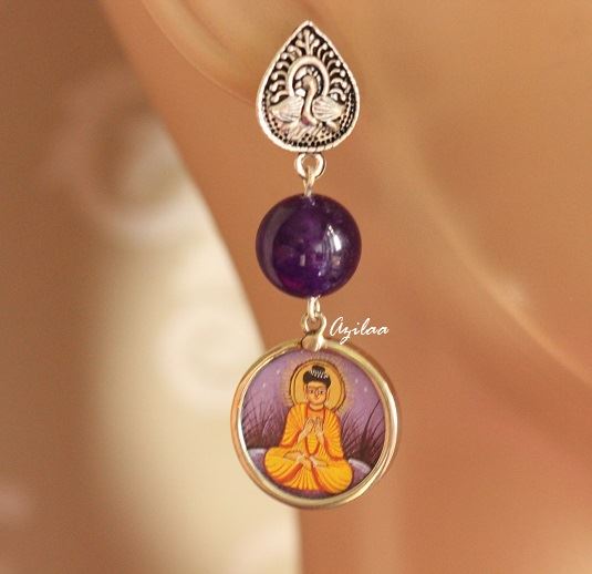 Buddha purple agate gemstone silver post earrings