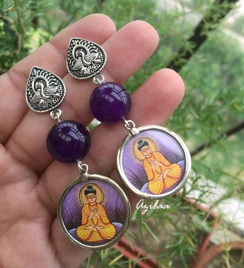 Buddha purple agate gemstone silver post earrings