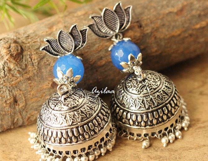 Blue Antique Ethnic Lotus stud jhumki earrings