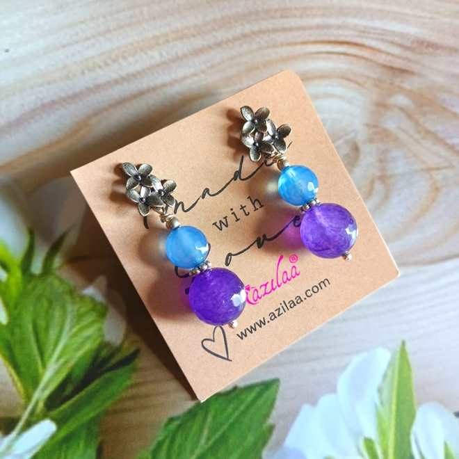 Blue purple drop gemstone antique silver tone earrings