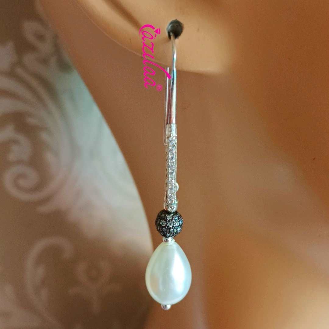 CZ sterling silver Long pearl drop dangler earrings