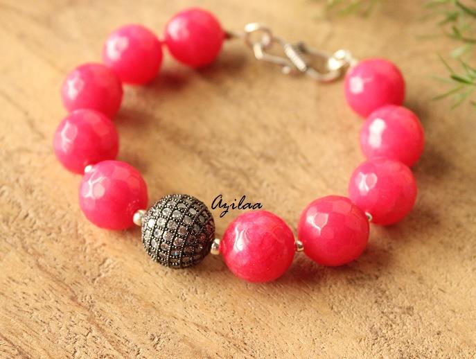Carrot Pink gemstone cz beaded handmade silver bracelet