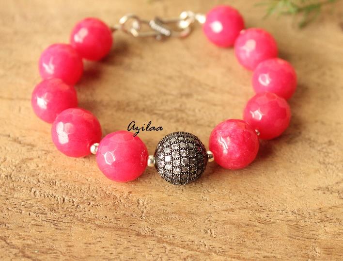 Carrot Pink gemstone cz beaded handmade silver bracelet