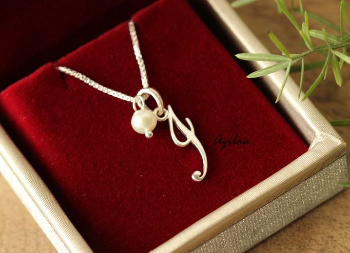  I Initial Sterling silver pearl charm alphabet Pendant