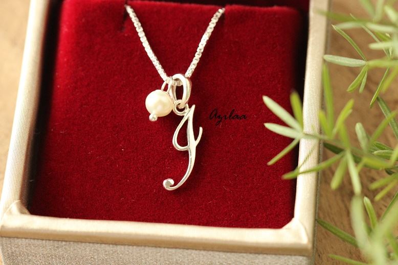  I Initial Sterling silver pearl charm alphabet Pendant