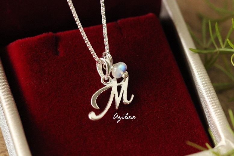 Charm Alphabet M Initial Sterling silver moonstone Pendant