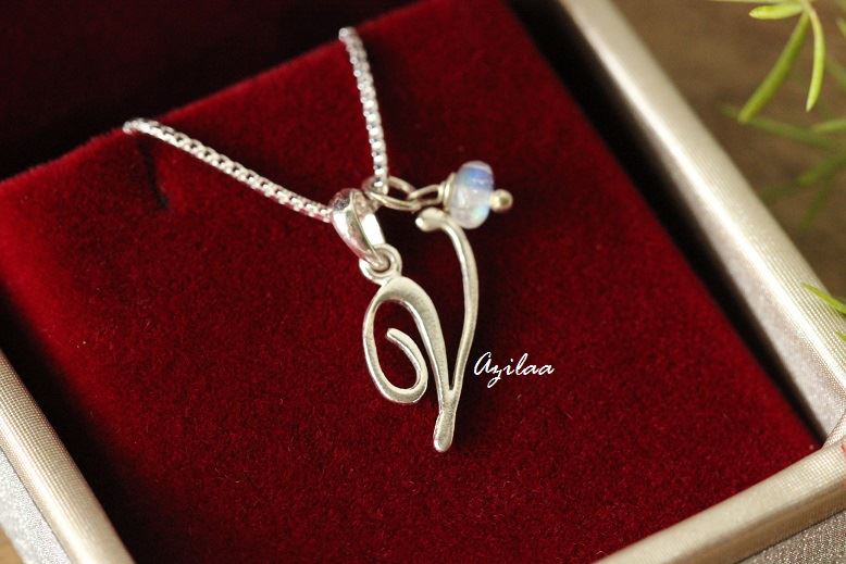 Charm Alphabet V Initial Sterling silver moonstone Pendant
