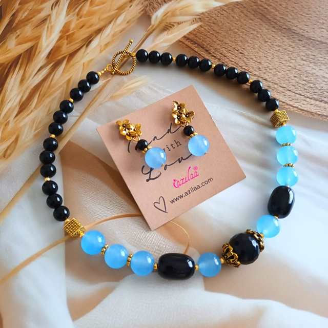 Chic blue black gemstone beaded handmade necklace set