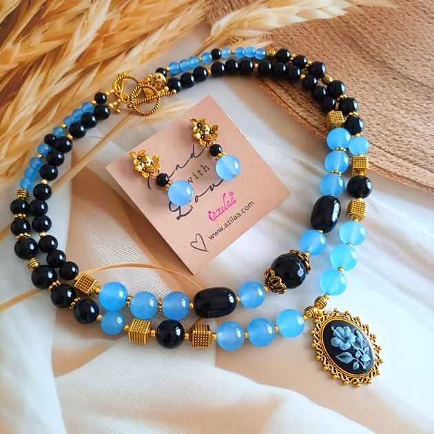 Chic blue black gemstone beaded handmade necklace set
