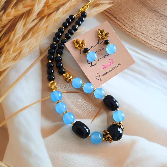 Chic blue black gemstone beaded handmade necklace set