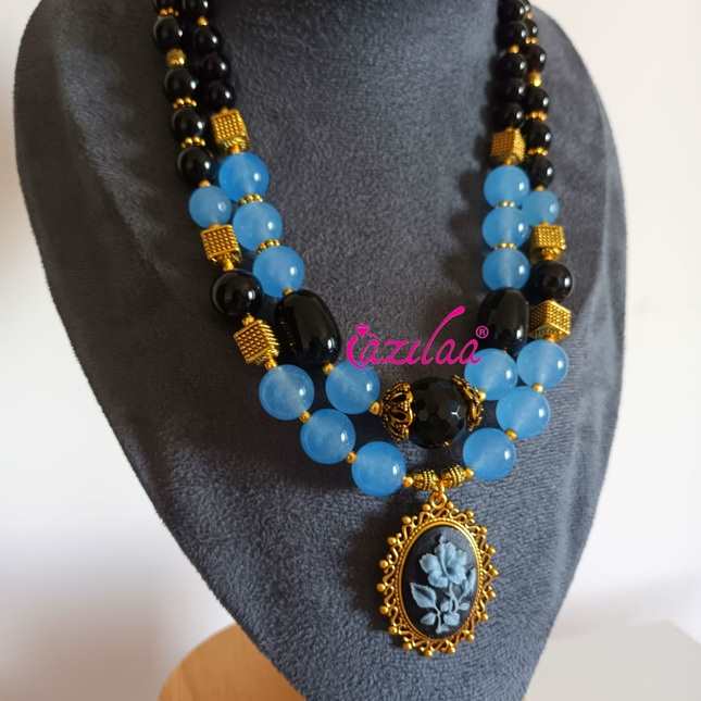 Chic blue black gemstone beaded handmade necklace set