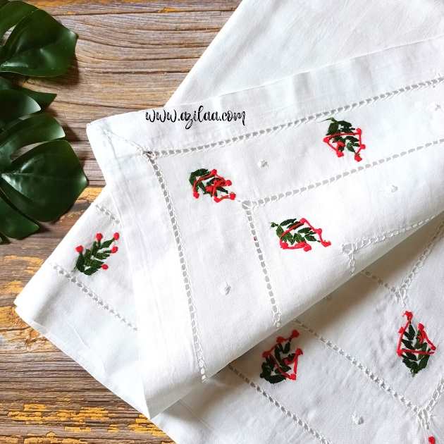 Christmas tree white cotton hand embroidered table cloth 01