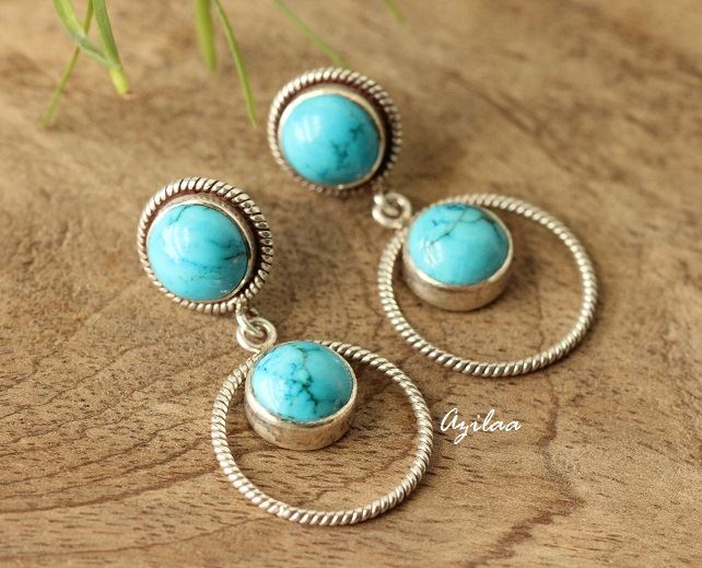 Circle Turquoise gemstone sterling silver handmade earrings