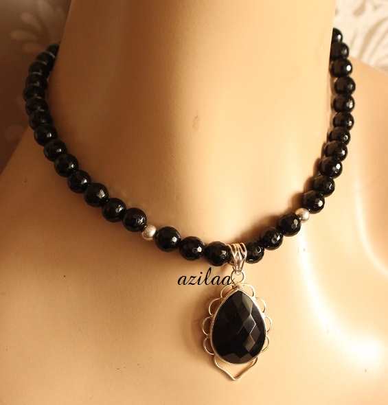 Classic Black onyx drop pendant gemstone necklace set
