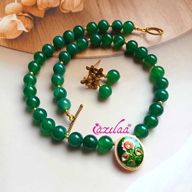 Classic Green onyx gemstone necklace earrings set