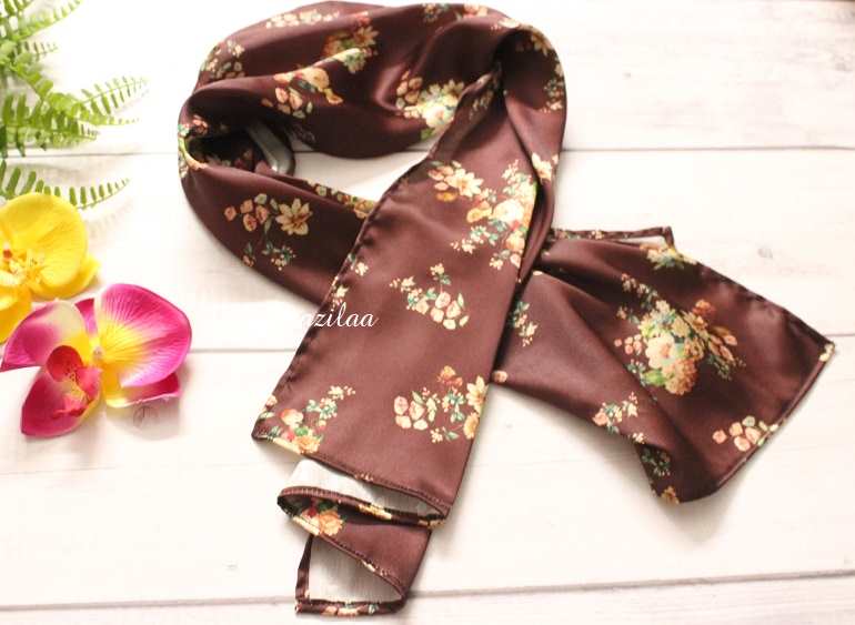 Classic floral brown satin fabric scarf