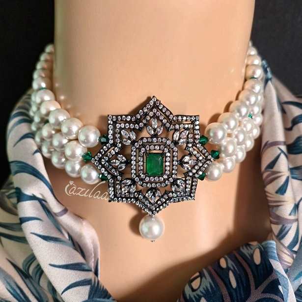 Classic pearl choker black green pendant necklace set