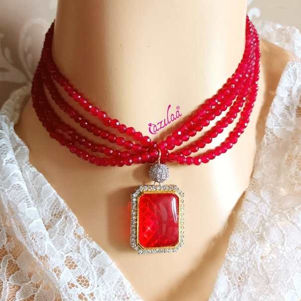 Classic red beaded CZ pendant gemstone necklace