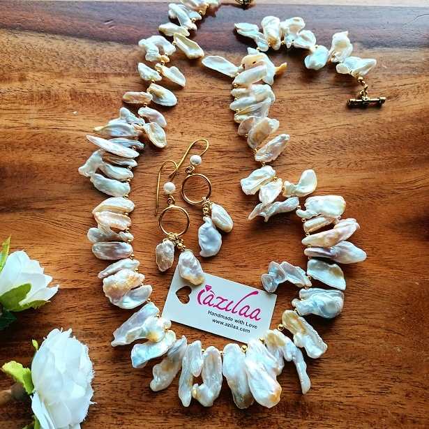 Contemporary Designer Biwa pearl necklace earrings set