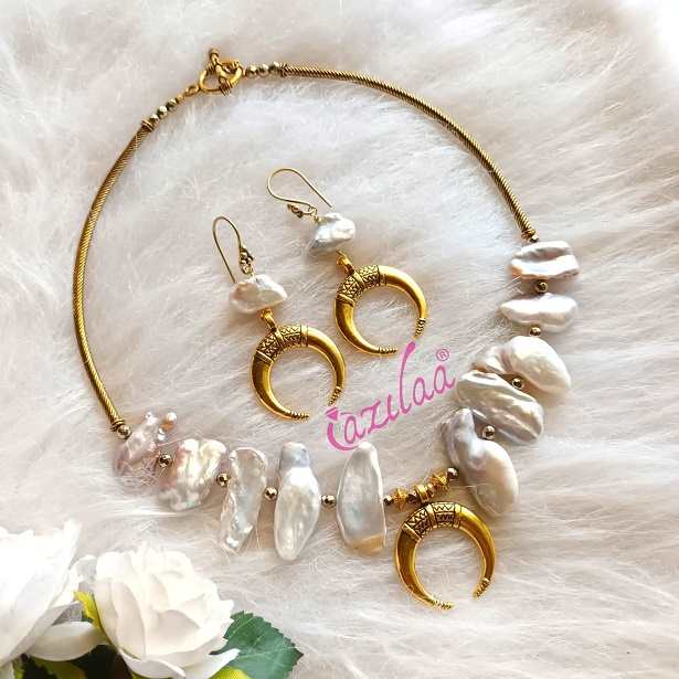 Contemporary Designer Biwa pearl necklace earrings set