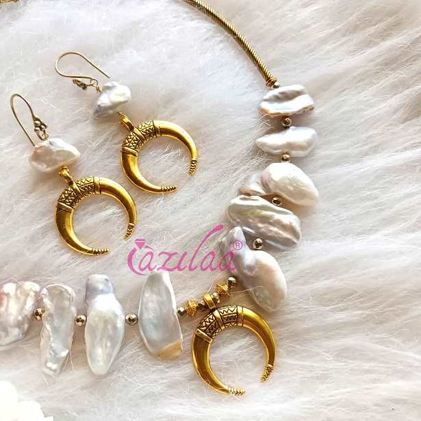 Contemporary Designer Biwa pearl necklace earrings set