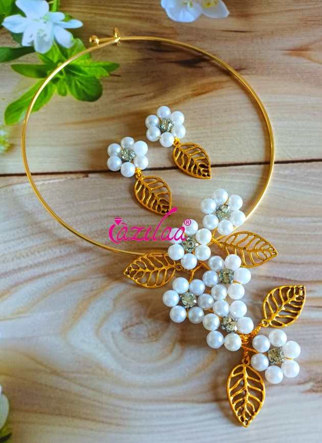 Contemporary Golden Pearl Cascading Flower Choker