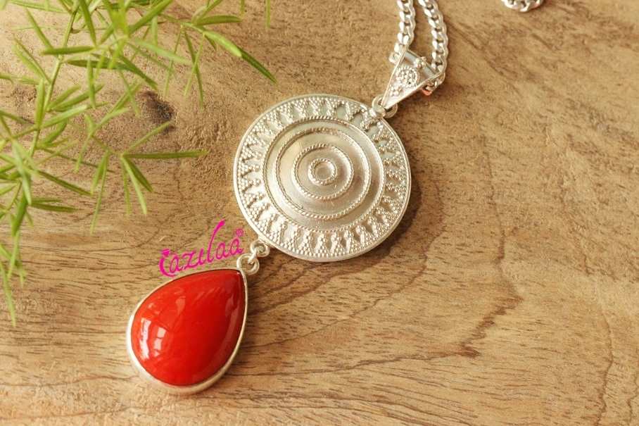 Coral Red gemstone sterling silver Pendant Chain