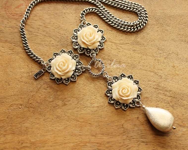Cream rose designer handmade silver chain necklace 