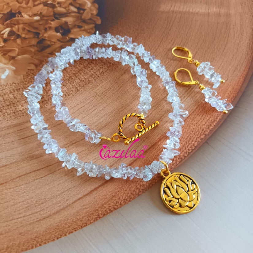 Dainty Crystal Designer gemstone lotus necklace set