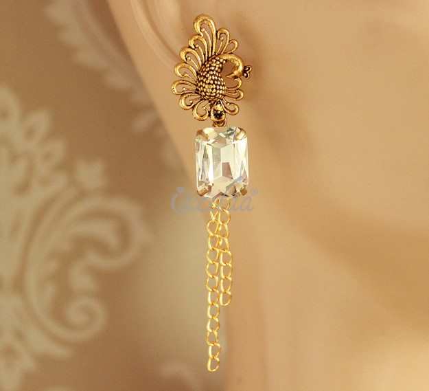 Crystal glass Gold plated handmade long chain earrings