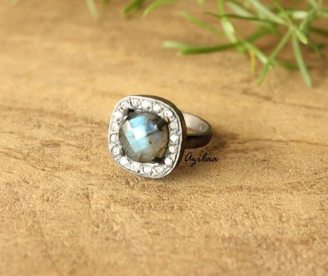 Cushion Labradorite zircon sterling silver artisan handmade ring