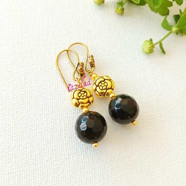 Cute black gemstone beaded dangler antique golden earrings