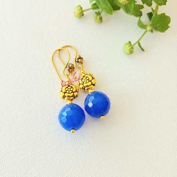 Cute blue gemstone beaded dangler antique golden earrings