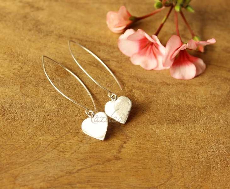 Cute heart charm  sterling silver Long dangler earrings