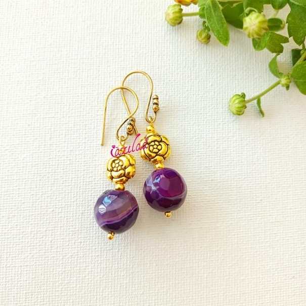 Cute purple gemstone beaded dangler antique golden earrings