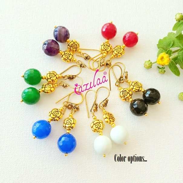 Cute purple gemstone beaded dangler antique golden earrings