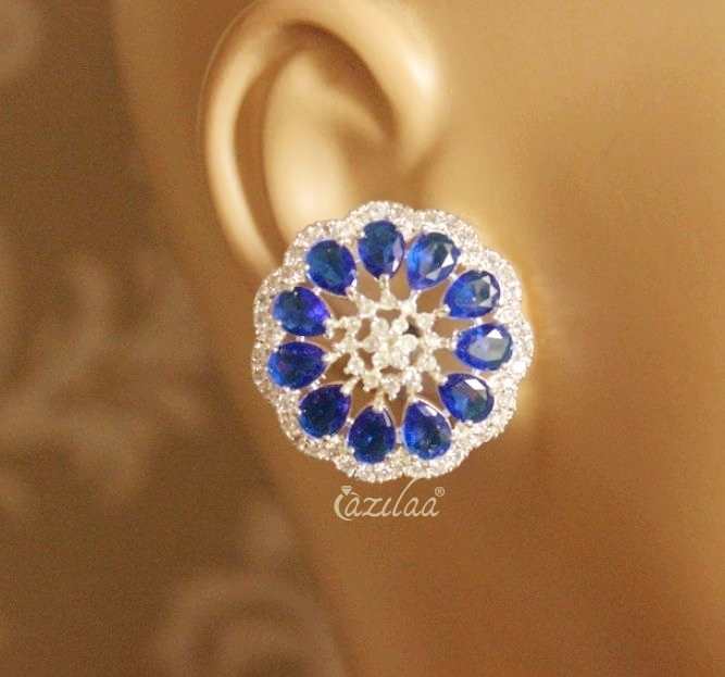 Cz studded blue round dome earrings