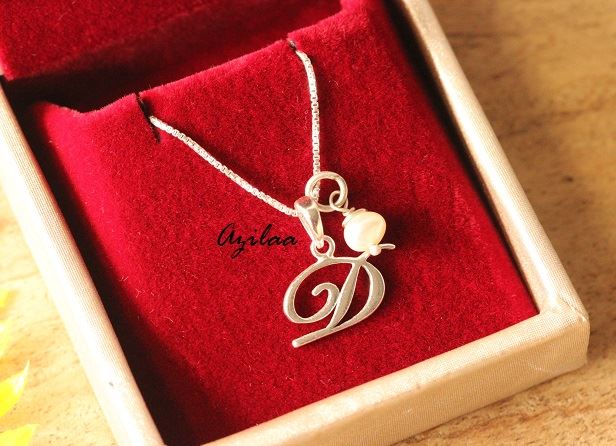 D intial Sterling silver pearl charm alphabet Pendant