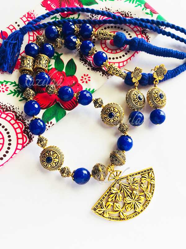 DARK BLUE gemstone antique gold tone necklace earrings set