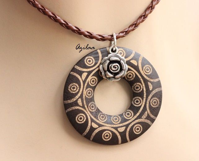 Designer Tribal Style Brown Wood Pendant Cord Necklace