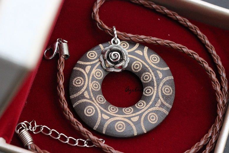 Designer Tribal Style Brown Wood Pendant Cord Necklace