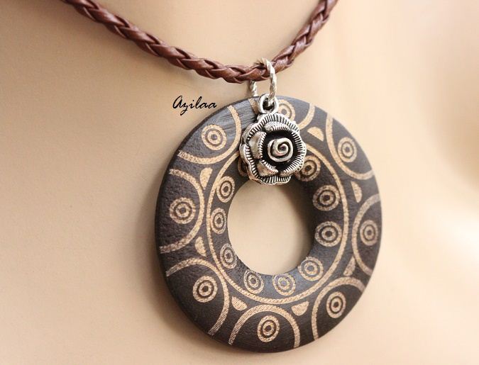 Designer Tribal Style Brown Wood Pendant Cord Necklace
