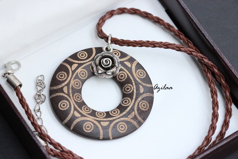 Designer Tribal Style Brown Wood Pendant Cord Necklace