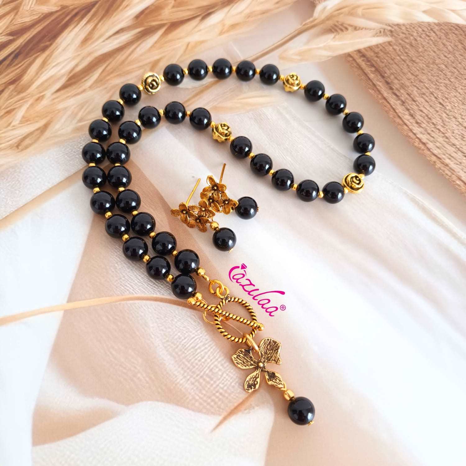 Dainty Black onyx gemstone charm pendant necklace set