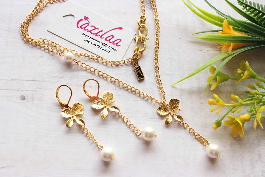 Dainty Orchid Flower pendant gold plated Pearl earrings set