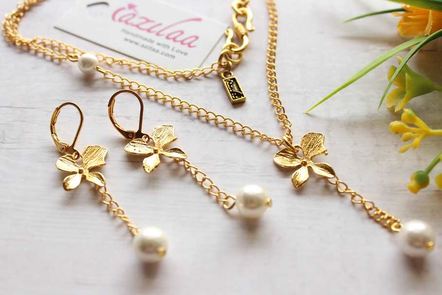 Dainty Orchid Flower pendant gold plated Pearl earrings set