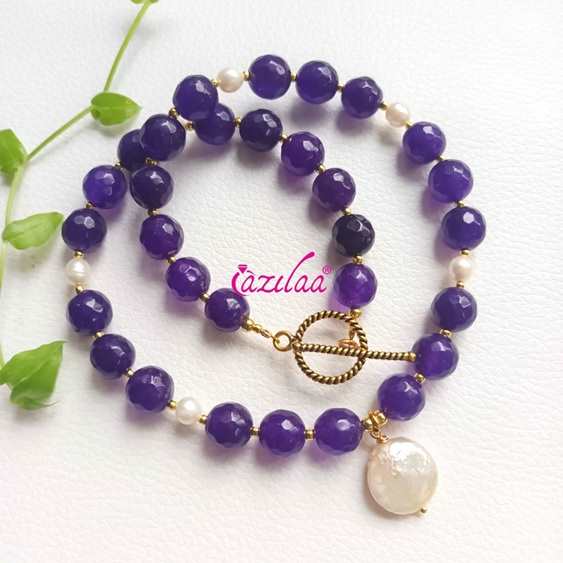 Dainty Purple gemstone  pearl gold plated pendant necklace